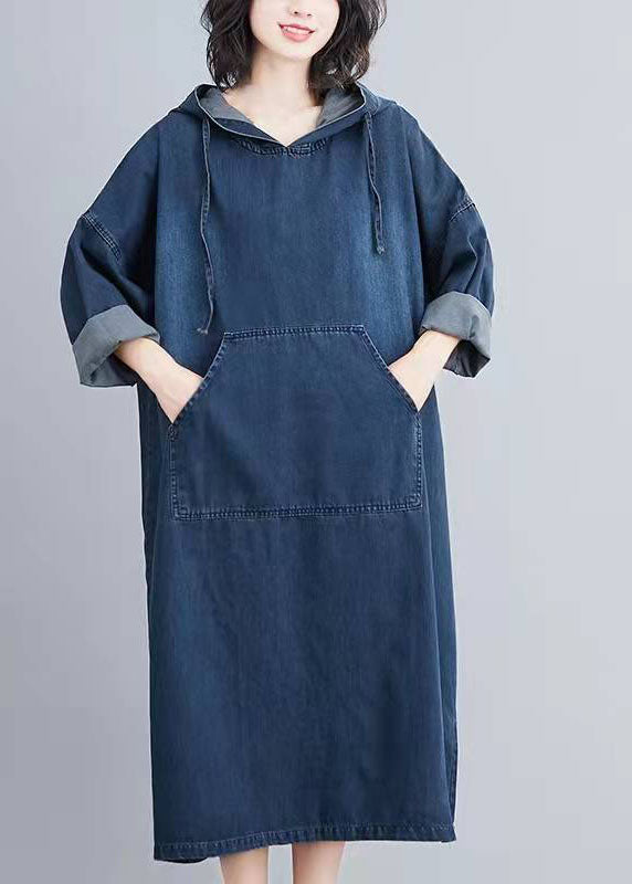 Italian Hooded Pockets Spring Clothes Women Denim Blue Traveling Dresses