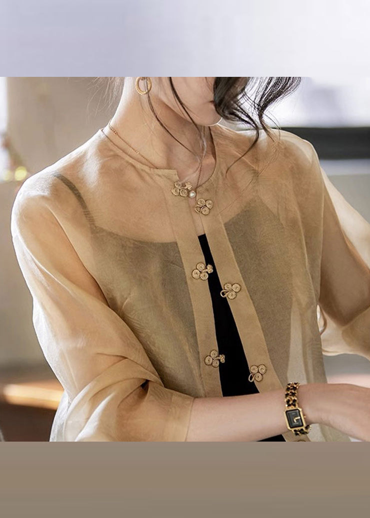 Jacquard Apricot O-Neck Patchwork Silk UPF 50+ Coats Long Sleeve