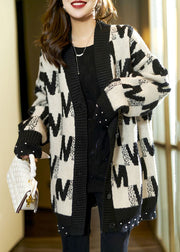 Jacquard Black Button Nail Bead Patchwork Knit Coat Long Sleeve