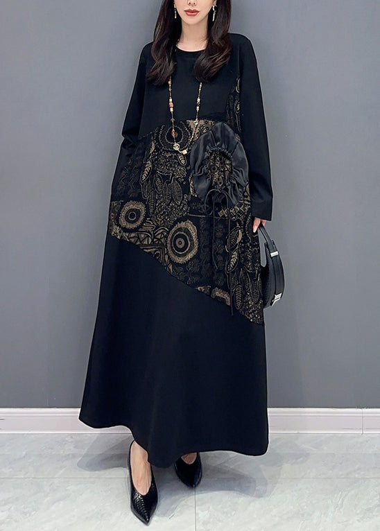 Jacquard Black Lace Up Pockets Cotton Long Dresses Long Sleeve