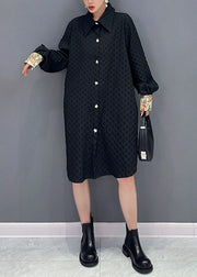 Jacquard Black Peter Pan Collar Patchwork Button Maxi Dress Long Sleeve