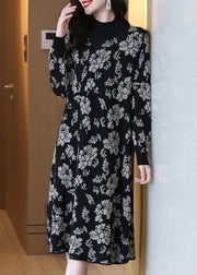 Jacquard Black Turtleneck Patchwork Cotton Knit Long Dress Long Sleeve