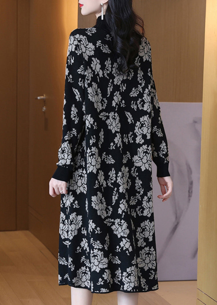 Jacquard Black Turtleneck Patchwork Cotton Knit Long Dress Long Sleeve