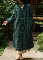 Jacquard Blackish Green Button Pockets Warm Fleece Long Coat Winter