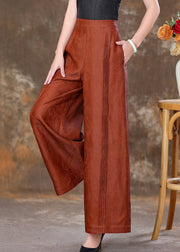 Jacquard Brick Red Pockets High Waist Silk Velour Pants Spring