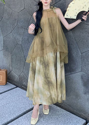 Jacquard Green Print Tulle Patchwork Fake Two Pieces Long Dresses Summer