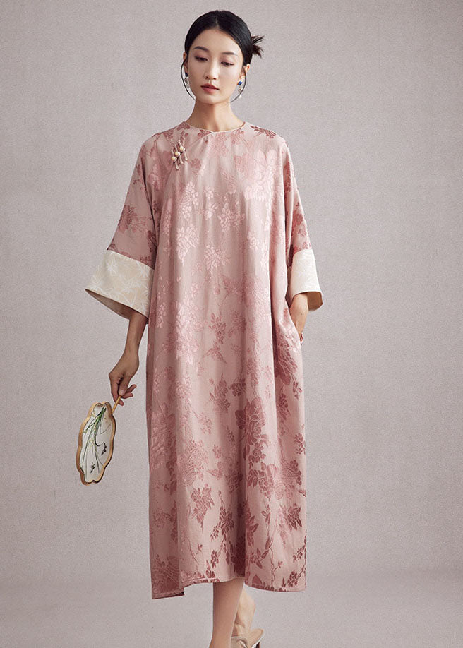 Jacquard Pink O-Neck Pockets Button Long Dresses Long Sleeve