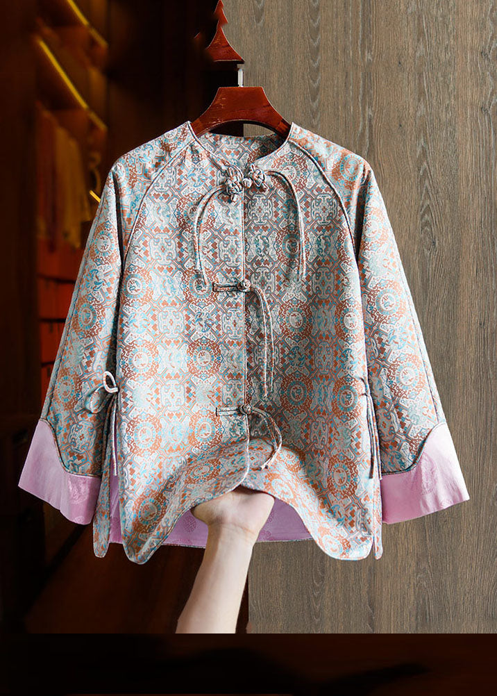 Jacquard Pink Patchwork Side Open Button Silk Coat Fall