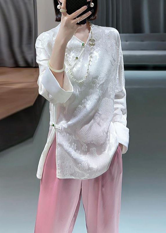 Jacquard Pink V Neck Button Side Open Silk Shirts Long Sleeve