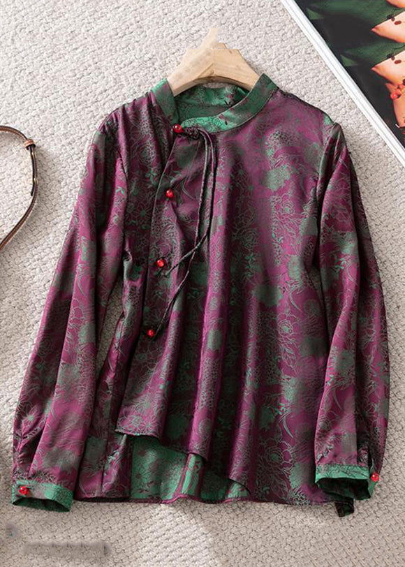 Jacquard Purple Stand Collar Button Silk Shirt Top Fall