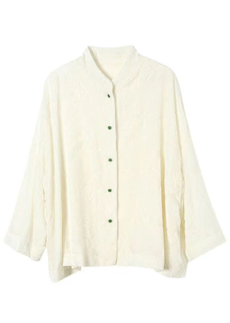 Jacquard White Stand Collar Button Silk Velour Coat Fall