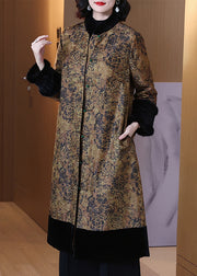 Jacquard Yellow Fur Collar Button Cotton Filled Long Coats Winter