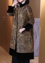 Jacquard Yellow Fur Collar Button Cotton Filled Long Coats Winter