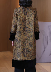 Jacquard Yellow Fur Collar Button Cotton Filled Long Coats Winter