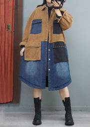 Khaki Button Denim Patchwork Long Coats Rivet Long Sleeve