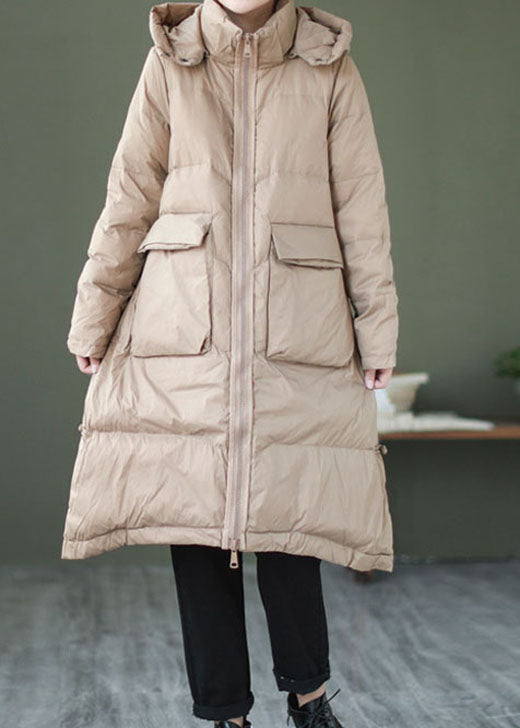 Khaki Casual Duck Down Down Jacket Hooded Winter