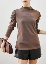 Khaki Cotton Shirt Top Stand Collar Puff Sleeve