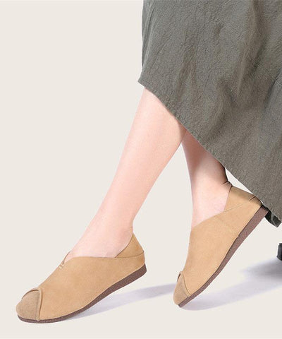 Khaki Cowhide Leather Flats Splicing Flat Feet Shoes - bagstylebliss