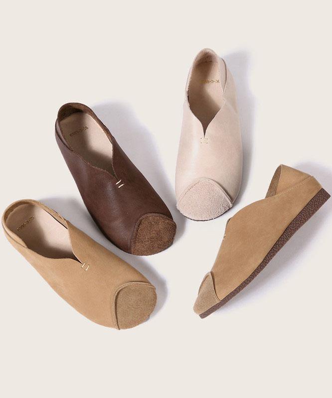 Khaki Cowhide Leather Flats Splicing Flat Feet Shoes - bagstylebliss