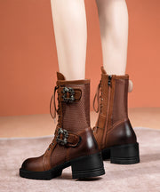 Khaki Cross Strap Splicing Chunky Hollow Out Boots