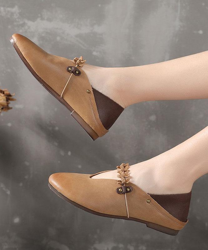 Khaki Flat Feet Shoes Cowhide Leather Boho Splicing Flat Shoes For Women - bagstylebliss