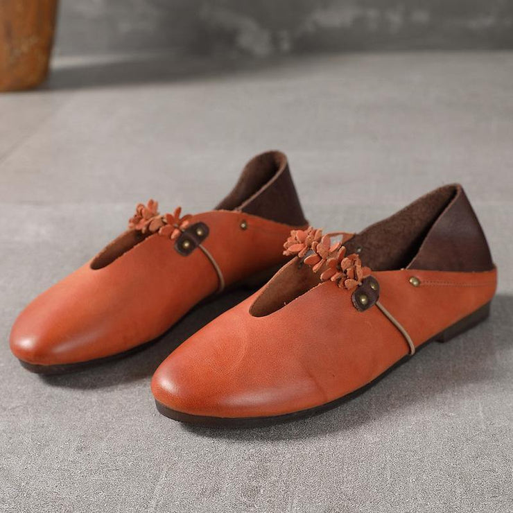Khaki Flat Feet Shoes Cowhide Leather Boho Splicing Flat Shoes For Women - bagstylebliss