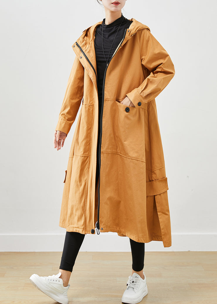 Khaki Loose Cotton Trench Coats Hooded Pockets Fall