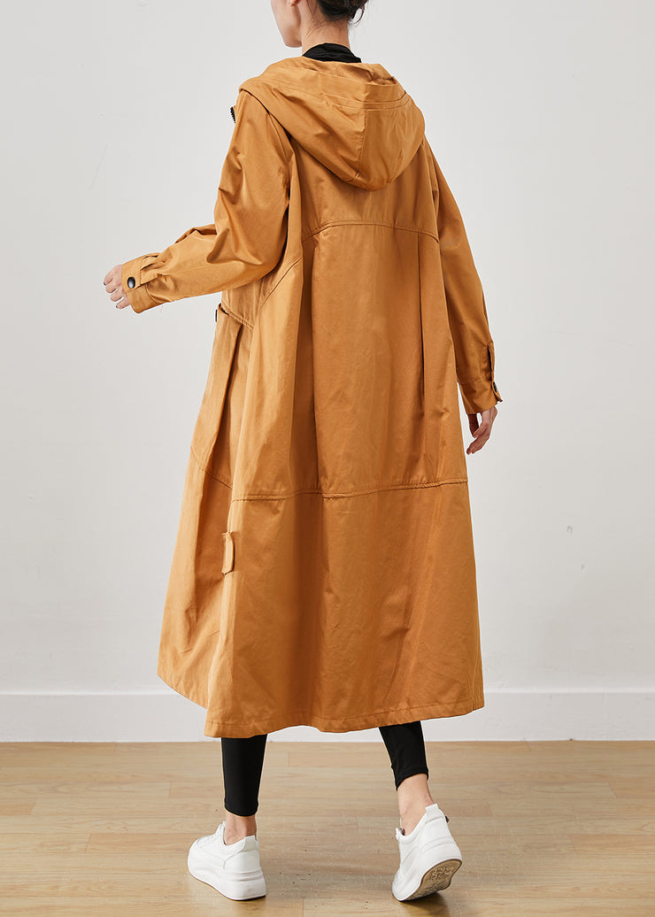 Khaki Loose Cotton Trench Coats Hooded Pockets Fall