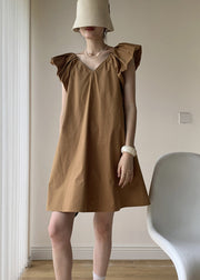 Khaki Patchwork Cotton Mid Dresses V Neck Wrinkled Summer