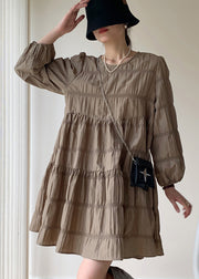 Khaki Patchwork Cotton Mid Dresses Wrinkled O Neck Fall