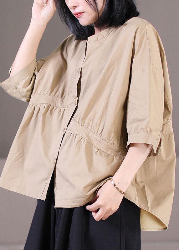 Khaki Patchwork Cotton Shirt Tops Wrinkled Oversized Half Sleeve