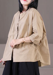 Khaki Patchwork Cotton Shirt Tops Wrinkled Oversized Half Sleeve