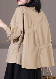 Khaki Patchwork Cotton Shirt Tops Wrinkled Oversized Half Sleeve