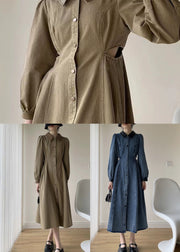 Khaki Patchwork Denim Long Dress Peter Pan Collar Hollow Out Fall