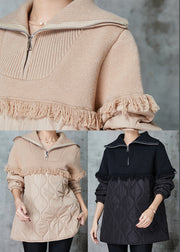 Khaki Patchwork Knit Fine Cotton Filled Sweatshirts Top Tasseled Winter
