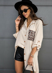 Khaki Patchwork Leopard Print Cotton Women's Shirt Draping Long Sleeve