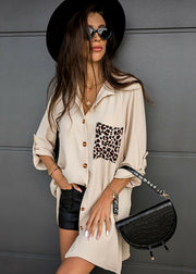 Khaki Patchwork Leopard Print Cotton Women's Shirt Draping Long Sleeve