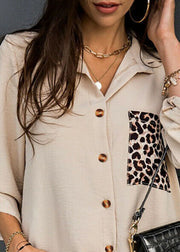 Khaki Patchwork Leopard Print Cotton Women's Shirt Draping Long Sleeve