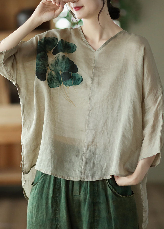 Khaki Patchwork Linen Loose Blouse Tops Print Batwing Sleeve