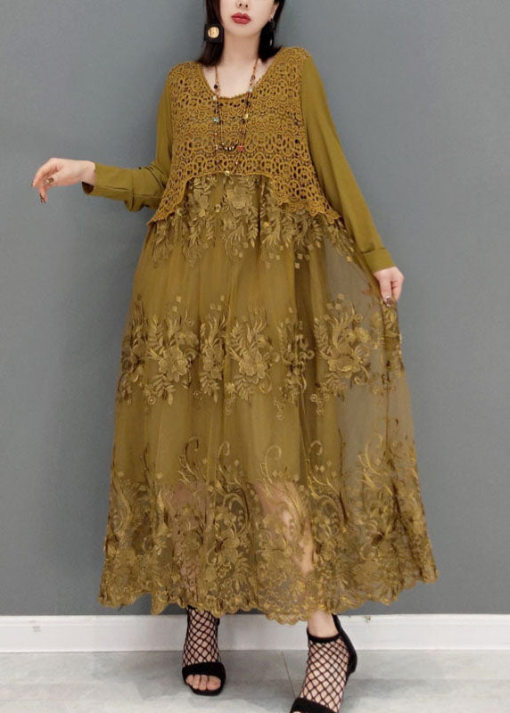 Khaki Patchwork lace Long Dresses O-Neck Embroidered Long Sleeve