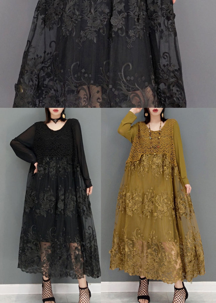 Khaki Patchwork lace Long Dresses O-Neck Embroidered Long Sleeve