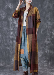 Khaki Plaid Linen Maxi Dresses Oversized Fall