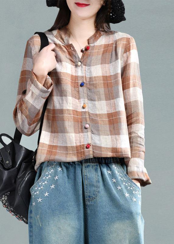 Khaki Plaid Patchwork Summer Linen Top Long Sleeve - bagstylebliss