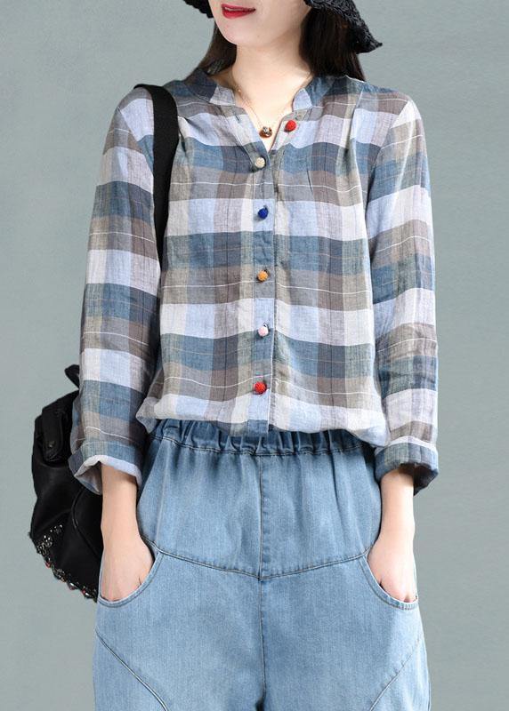 Khaki Plaid Patchwork Summer Linen Top Long Sleeve - bagstylebliss