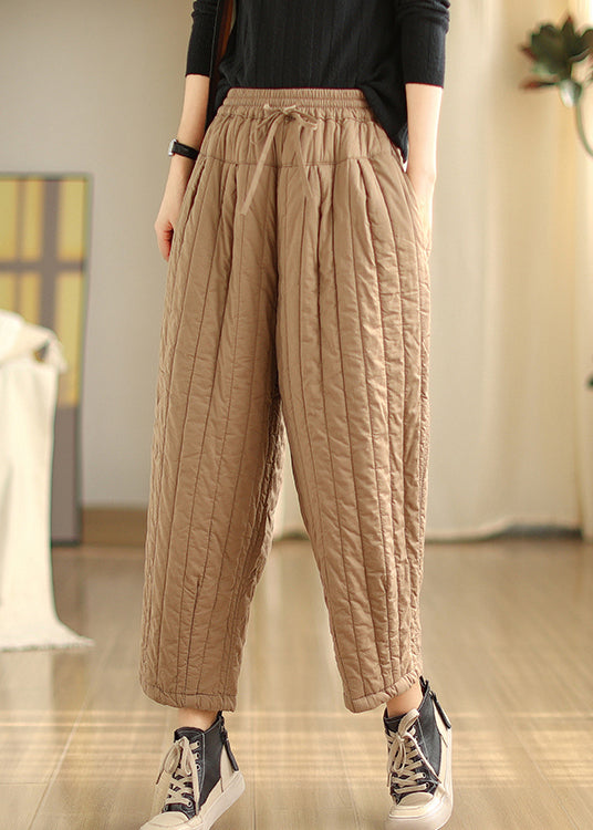 Khaki Pockets Casual Fine Cotton Filled Pants Elastic Waist Winter