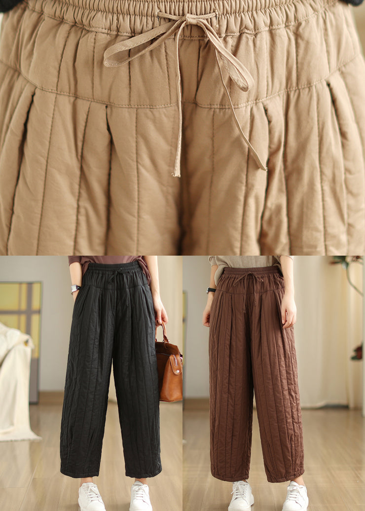 Khaki Pockets Casual Fine Cotton Filled Pants Elastic Waist Winter