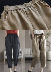 Khaki Pockets Linen Harem Pants High Waist Summer