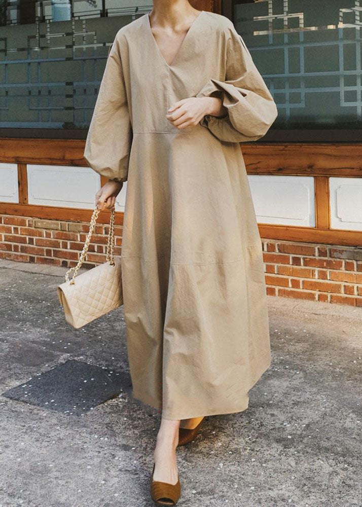 Khaki Pockets Patchwork Cotton Dress Long Sleeve