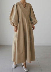 Khaki Pockets Patchwork Cotton Dress Long Sleeve