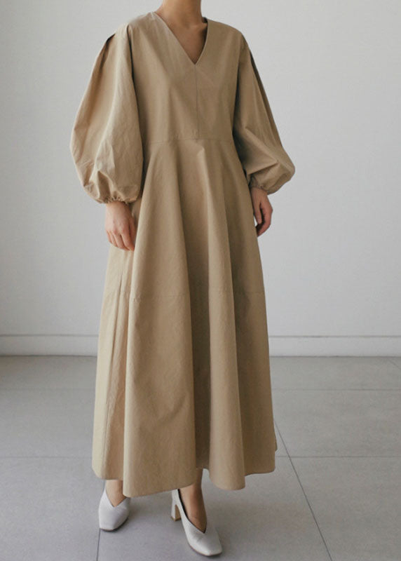 Khaki Pockets Patchwork Cotton Dress Long Sleeve